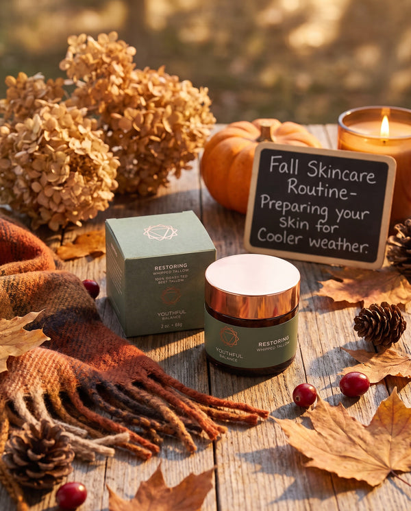 Youthful Balance Restoring Whipped Tallow moisturizer with autumn leaves for fall skincare