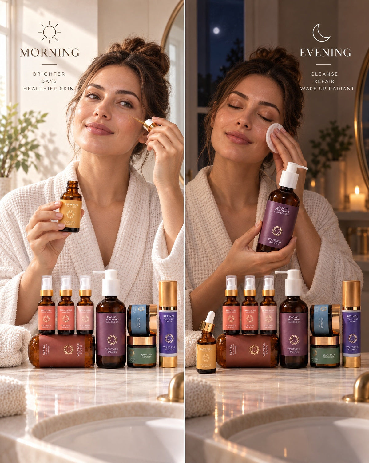 woman using different skincare products morning and night evening