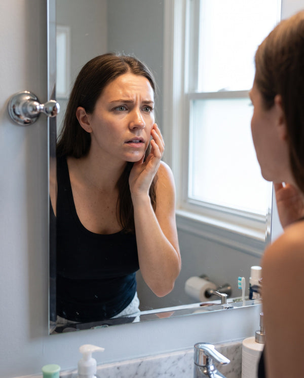 woman with oily skin looking mirror